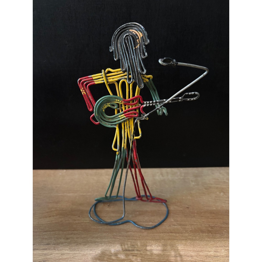 1980s Reggae Musician Wire Sculpture Bob Marley Folk Art Rasta Colors Guitar